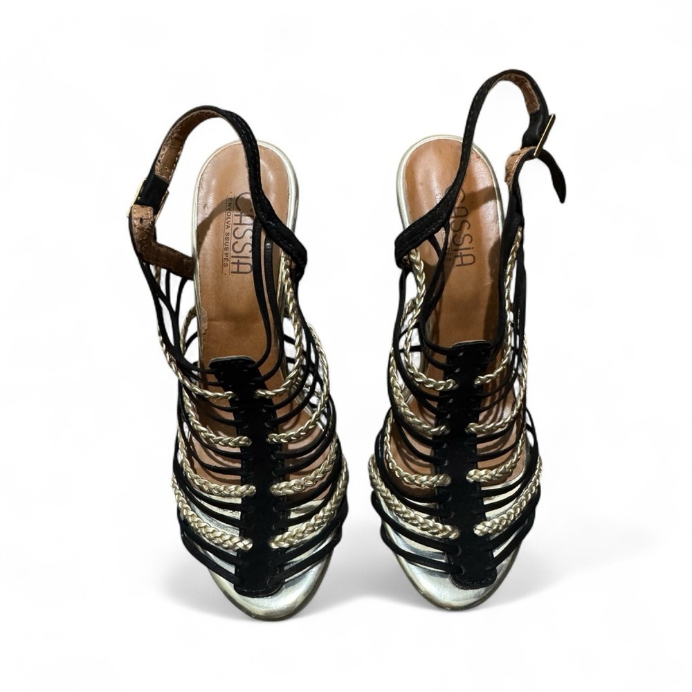 Cassia Black Gold Strappy Heels Size 4 Formal Wedding Stiletto